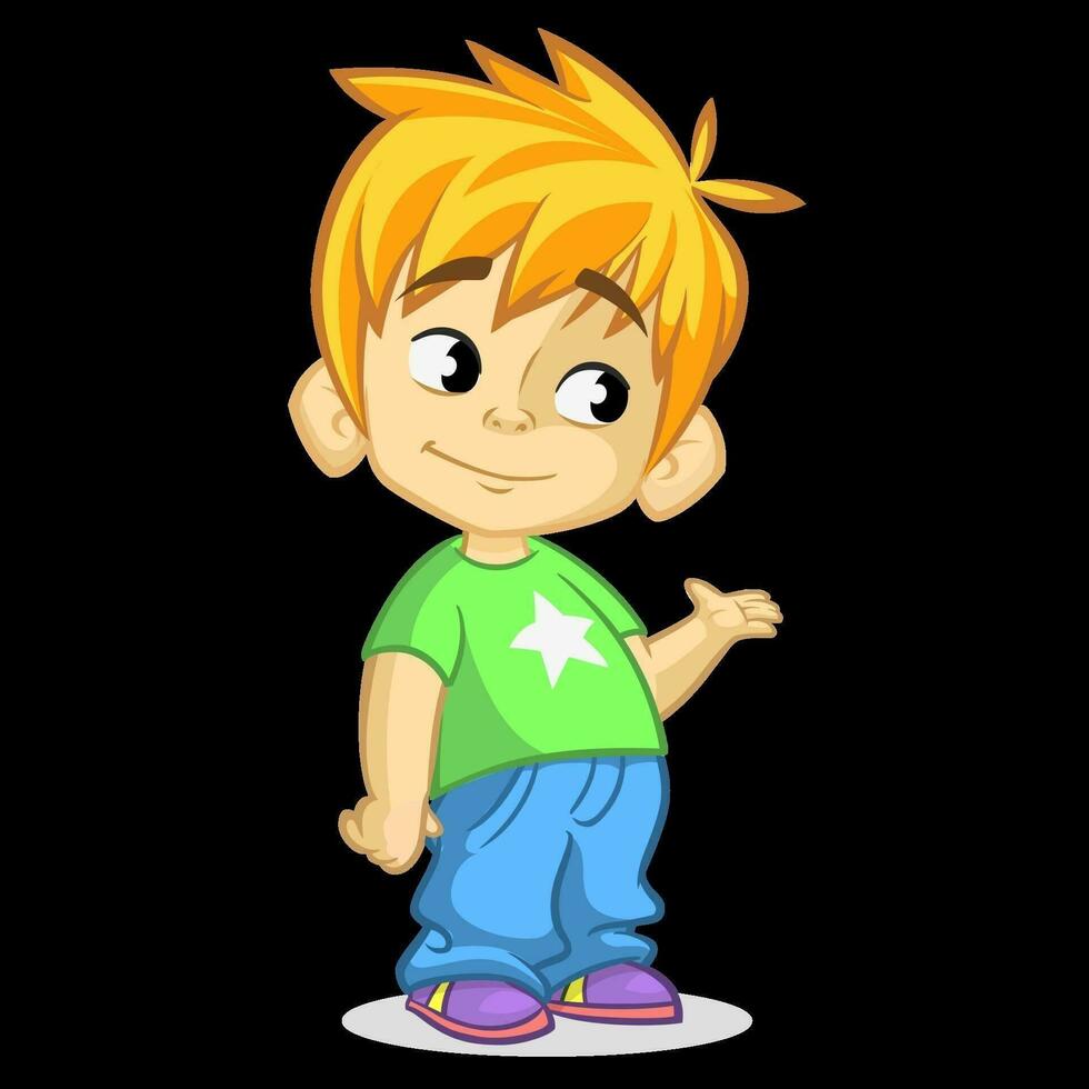söt blond pojke vinka och leende. vektor tecknad serie illustration av en pojke presenter