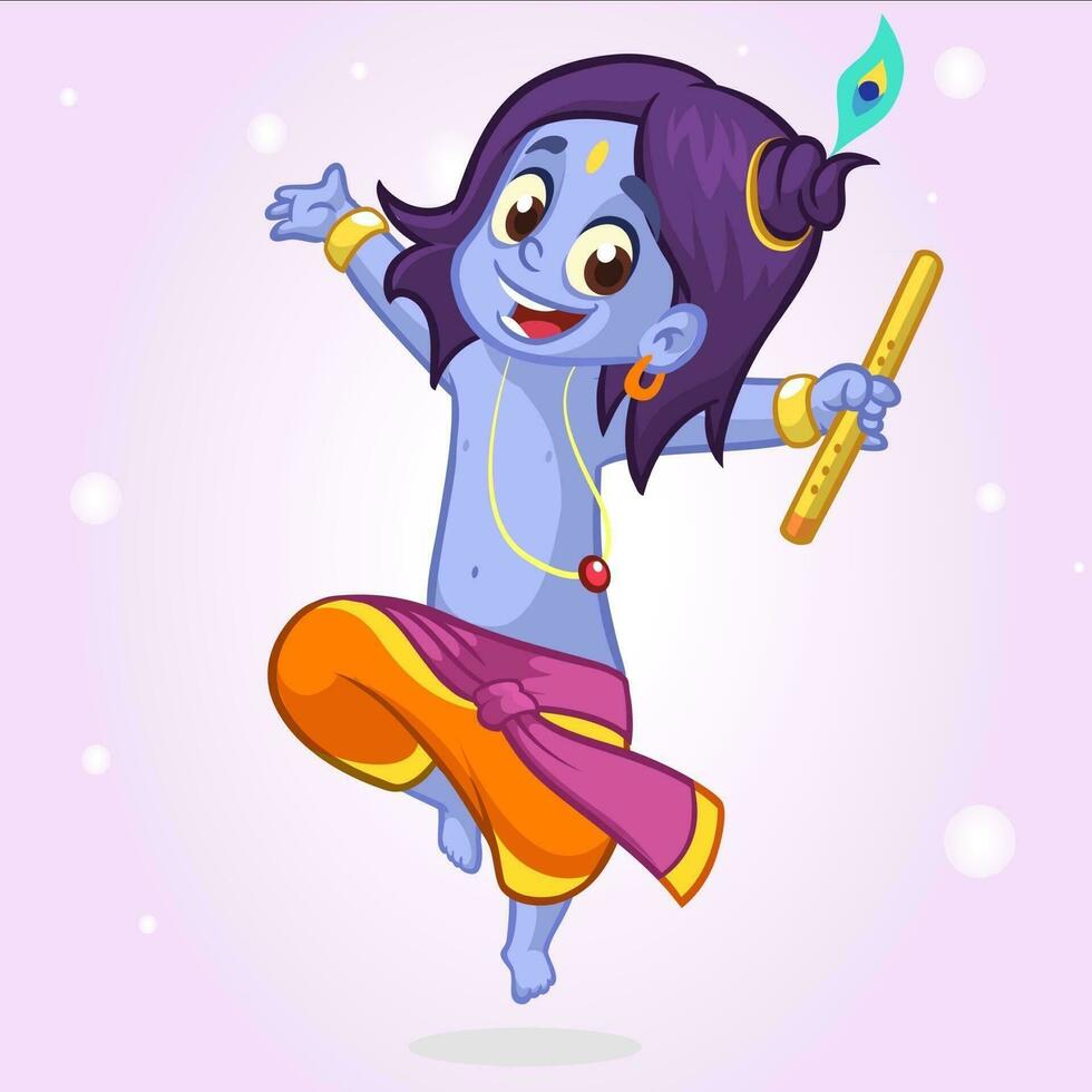 wenig Karikatur krishna mit ein Flöte. Gruß Karte zum krishna Geburtstag. Vektor Illustration isoliert auf ein Weiß Hintergrund. umrissen Illustration