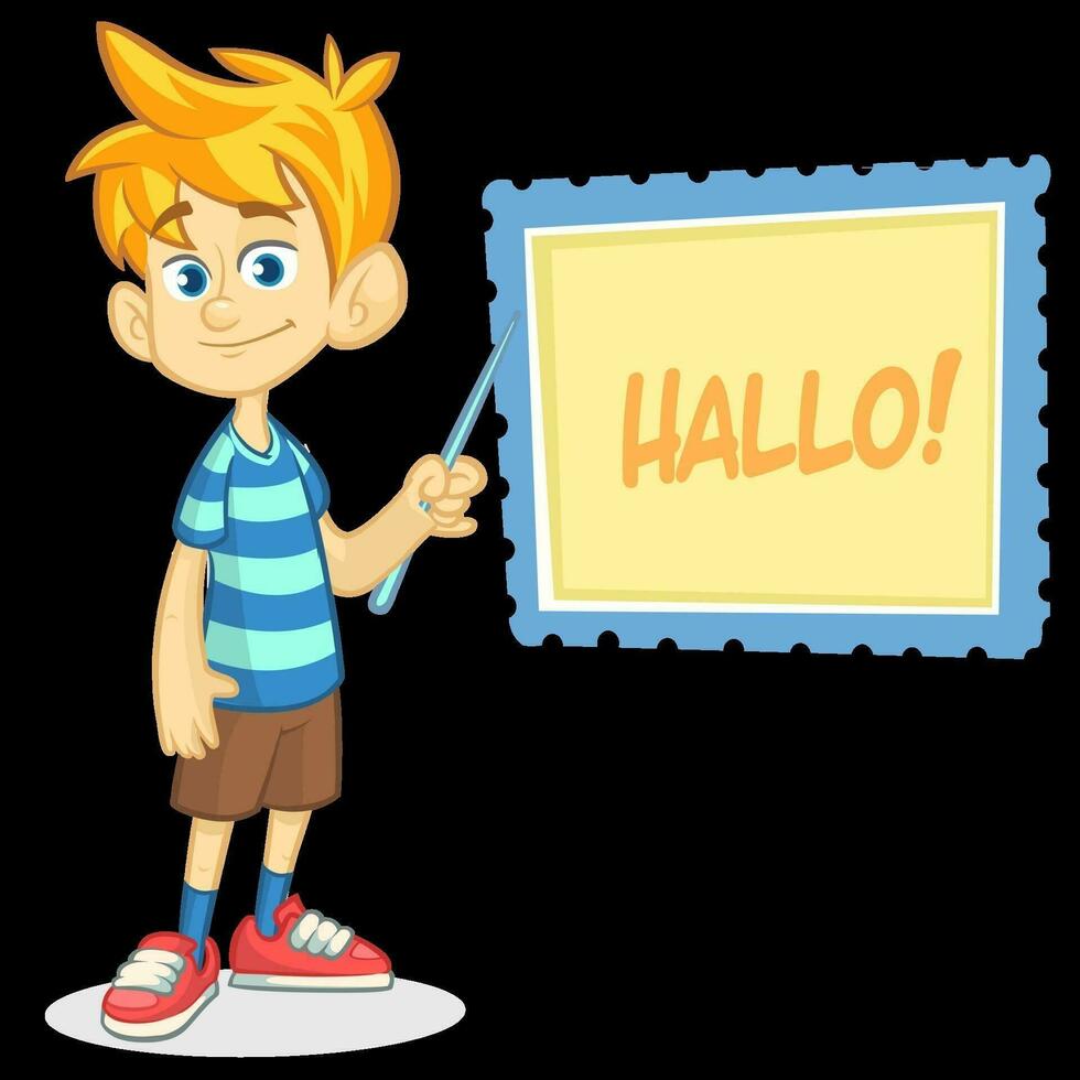 Vektor Illustration von blond Junge im kurze Hose und gestreift T-Shirt. Karikatur von ein jung Junge gekleidet oben präsentieren auf ein Tafel mit Zeiger