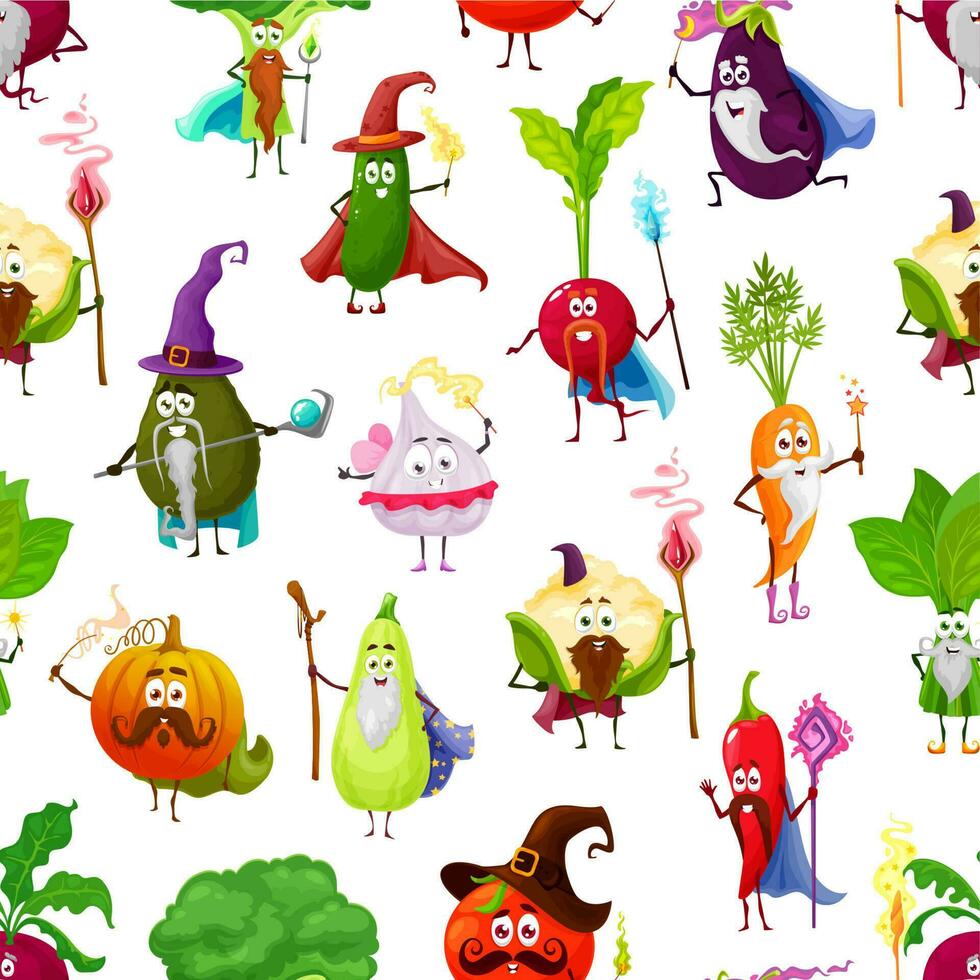 tecknad serie grönsaker, fe- trollkarlar sömlös mönster vektor