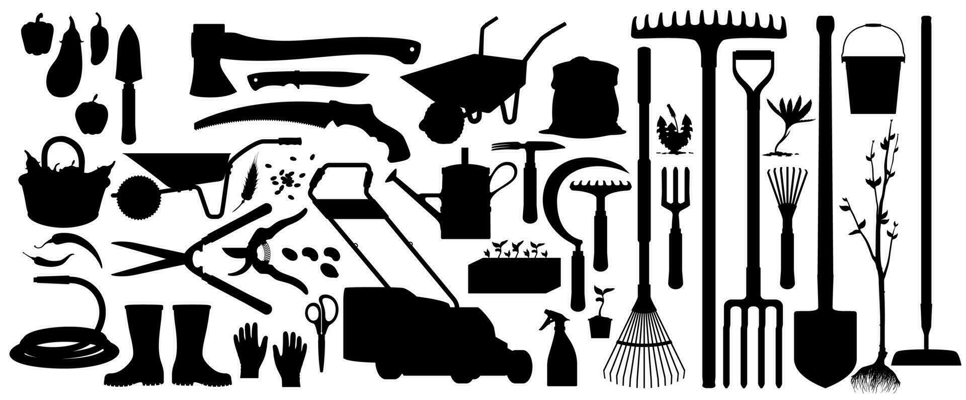 trädgårdsarbete och jordbruk verktyg silhuett ikoner vektor