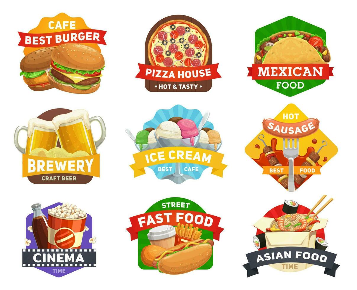 snabb mat ikoner, hamburgare, smörgåsar restaurang vektor