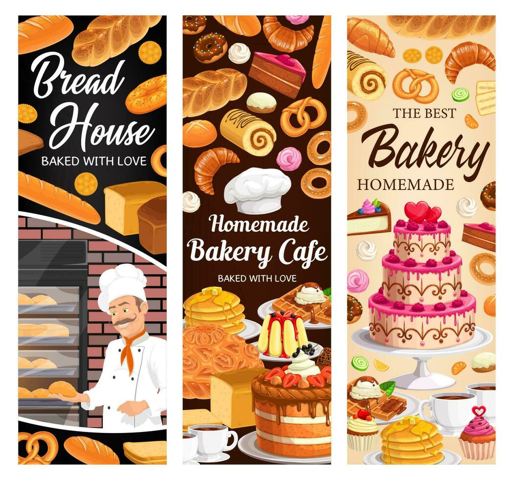 Nachspeisen, Kuchen und Bäckerei Vektor Banner einstellen