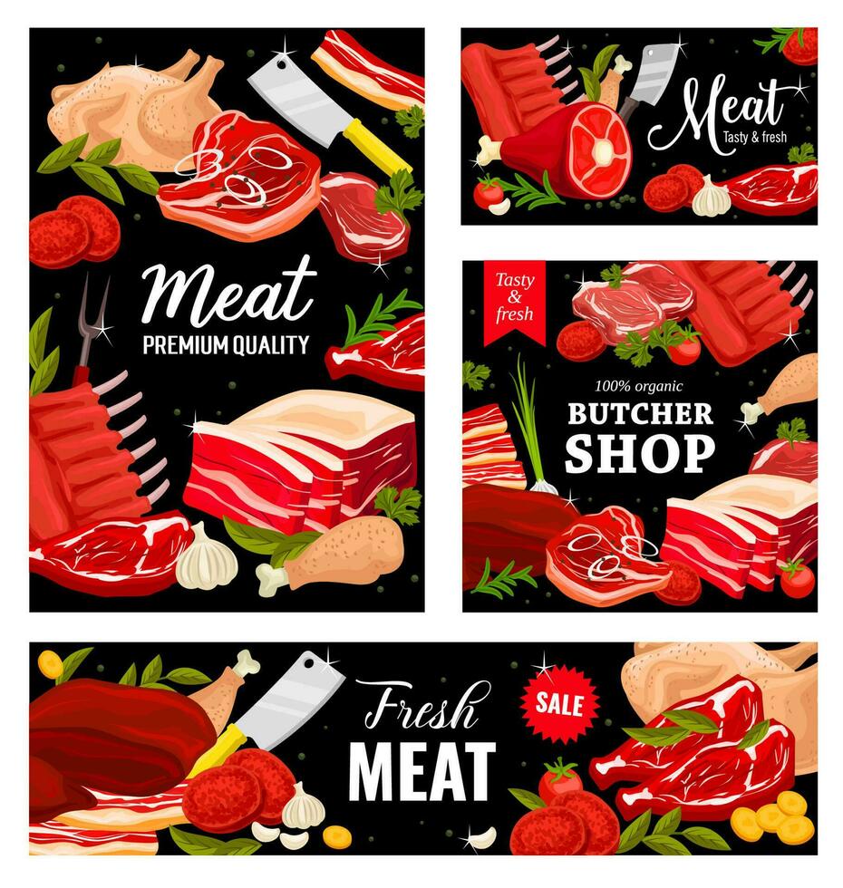 Fleisch, Metzger Geschäft Rindfleisch, Schweinefleisch und Lamm Essen vektor