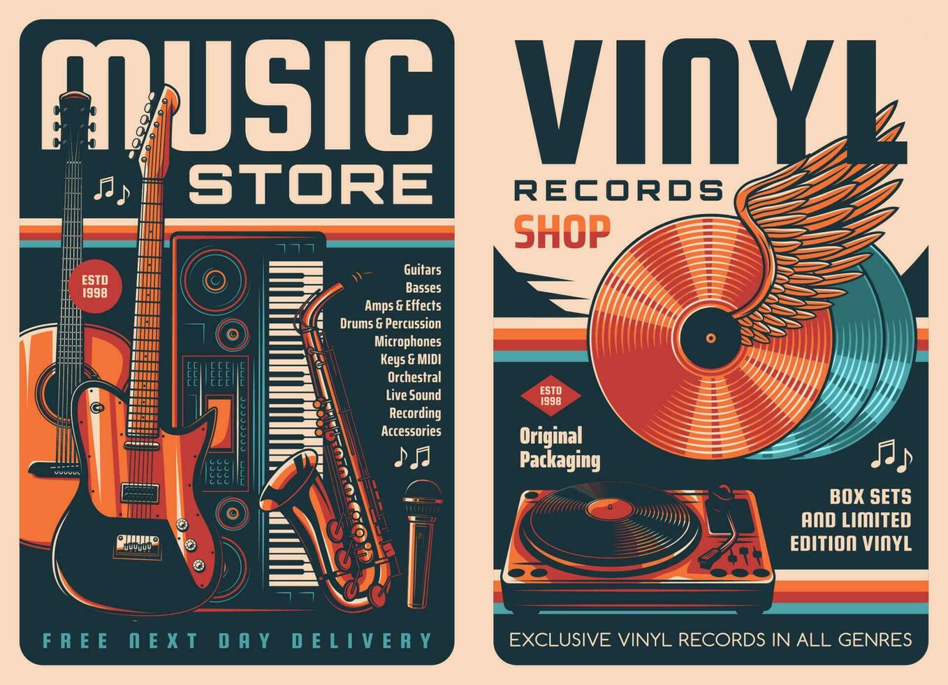 Vinyl Aufzeichnungen und Musik- Geschäft retro Plakate vektor