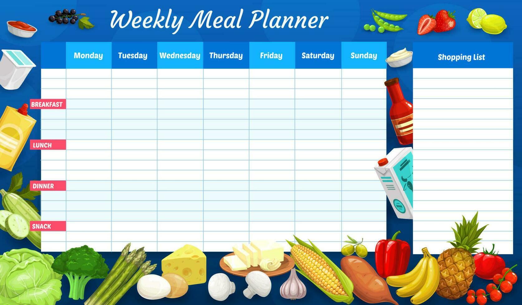 wöchentlich Mahlzeit Planer, Zeitplan, Woche Essen planen vektor