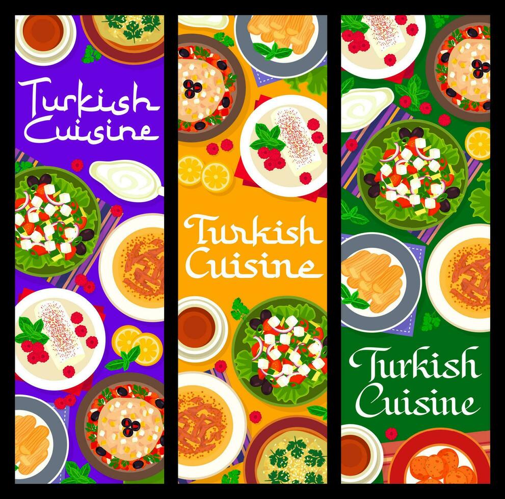 Türkisch Küche Essen Banner mit Geschirr und Mahlzeiten vektor