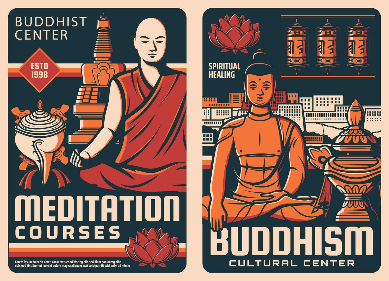 buddhism religion Centrum skola retro posters vektor