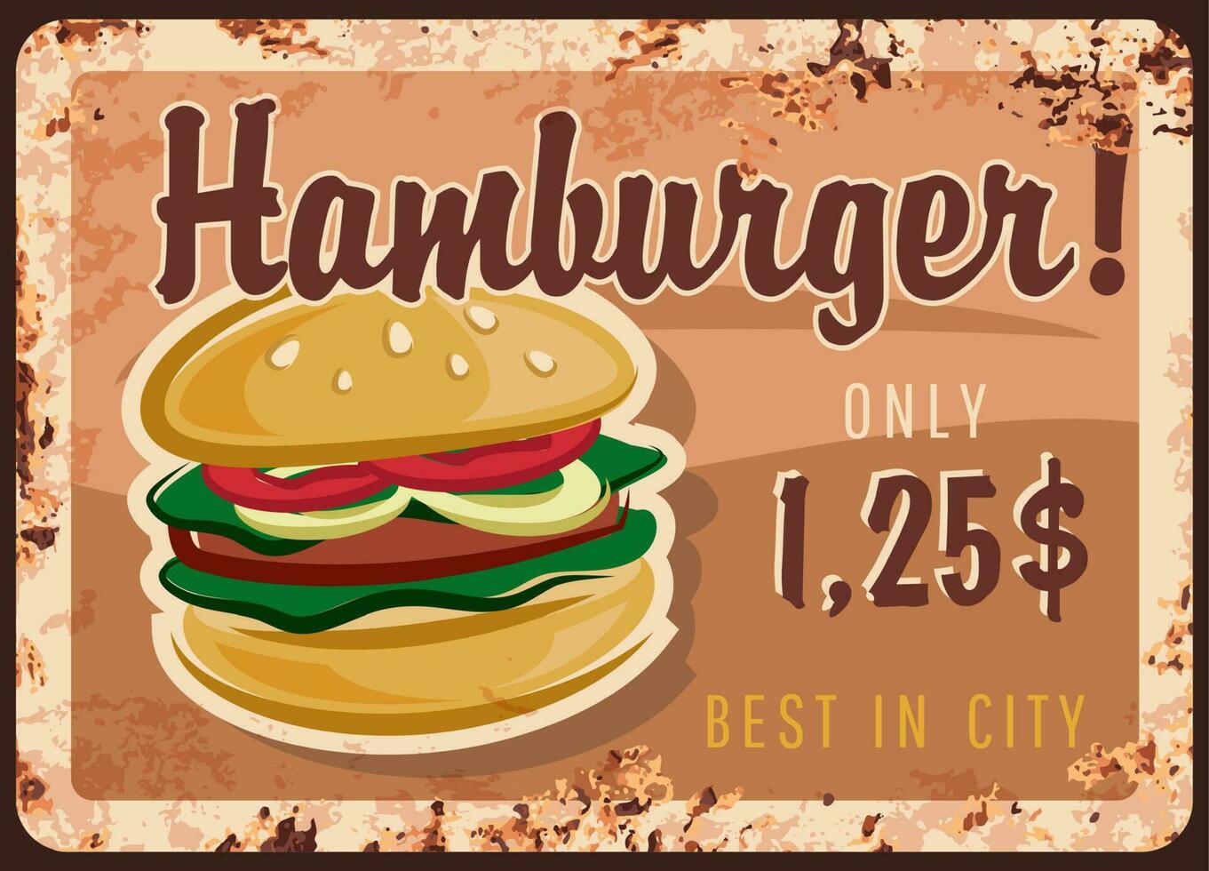 Hamburger rostig Platte, schnell Essen Burger Speisekarte vektor