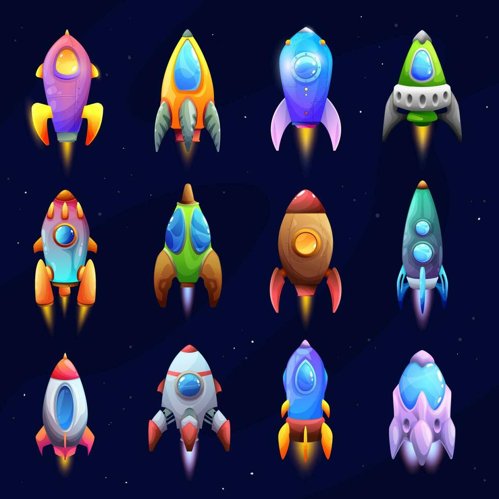 tecknad serie rymdskepp, raketer och rymdskepp uppsättning vektor