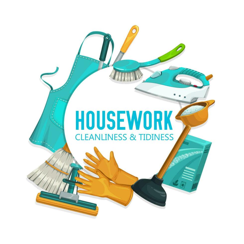 hushållsarbete verktyg och redskap, rengöring leveranser vektor