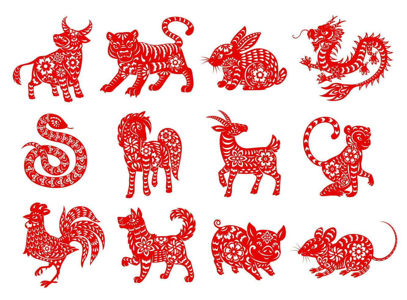 kinesisk zodiaken horoskop djur, röd papperssår uppsättning vektor