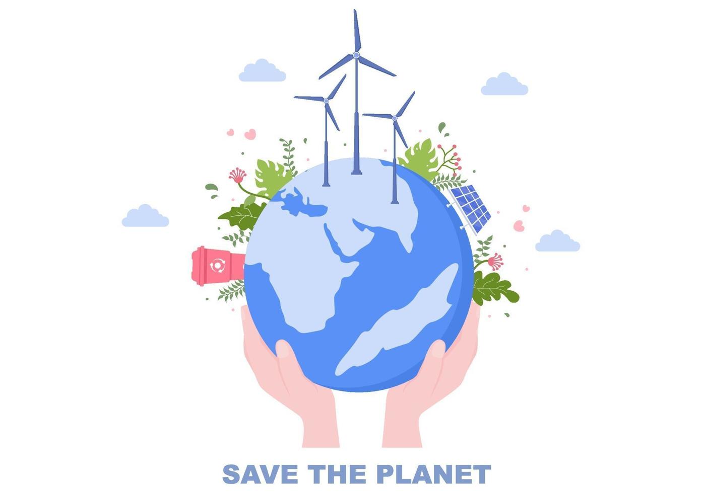 Speichern Sie unsere Planet Erde Illustration zu grüner Umwelt mit umweltfreundlichem Konzept und Schutz vor natürlichen Schäden vektor