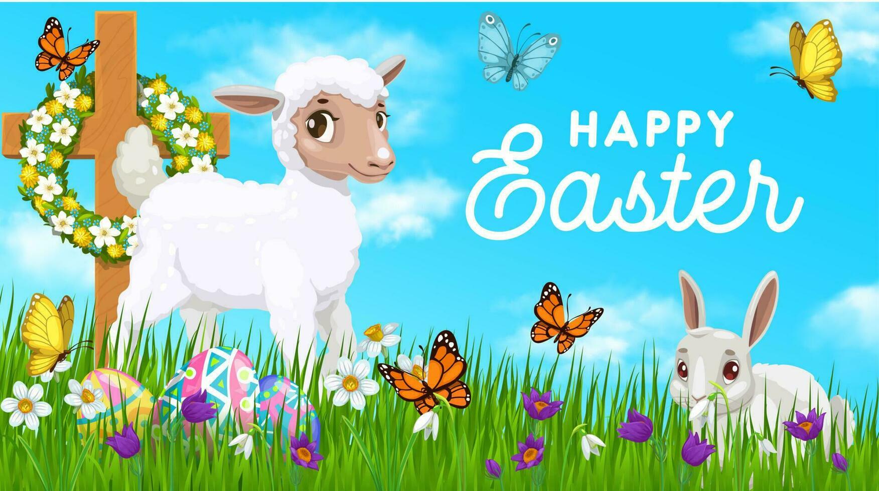glücklich Ostern Urlaub Poster mit Hase und Schaf vektor
