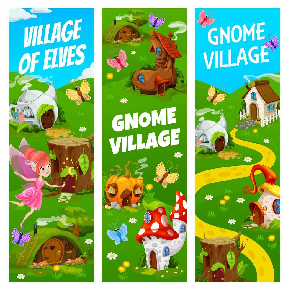 fe- by av gnome hus tecknad serie banderoller vektor
