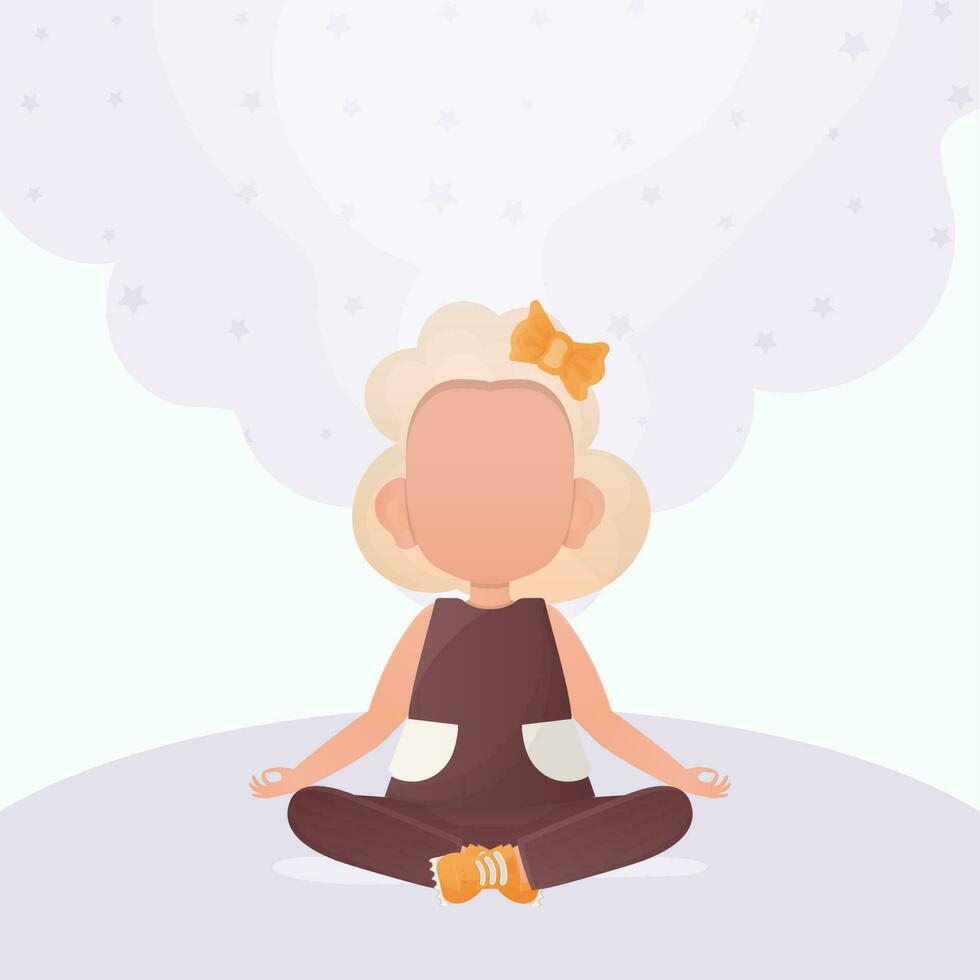 wenig Mädchen tun Yoga im das Lotus Position. Kinder- Meditation. Vektor Illustration im Karikatur Stil.