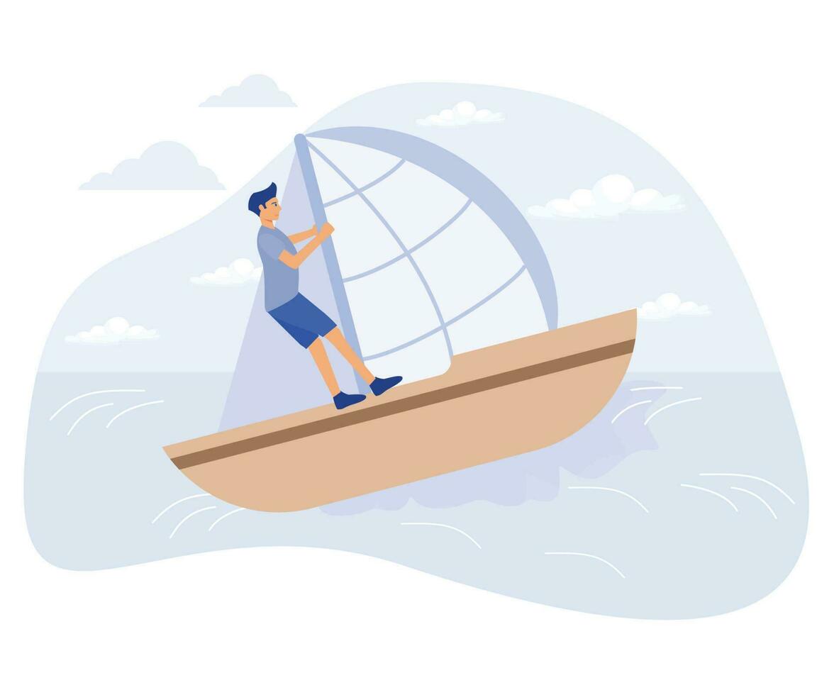 Wasser Sport Konzept, Wasser Skifahren, Surfen und Segeln, aktiv Lebensstil, Sommer- Abenteuer, schwimmen Neoprenanzug, Yacht Verein, eben Vektor modern Illustration