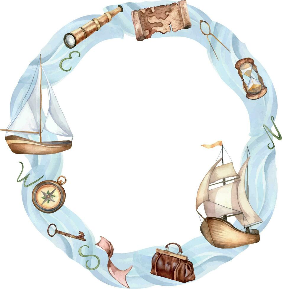 Rahmen von Segeln Schiff Jahrgang Stil Aquarell Illustration isoliert auf Weiß. Segelboot, Schiff auf Wellen, Fernglas, Karte, Tasche Hand gezeichnet. kindisch Design, Element zum Junge drucken, Abenteuer Sammlung vektor