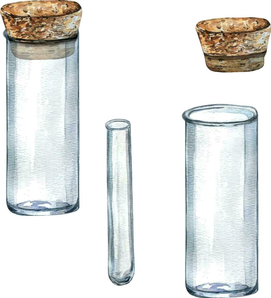 glas flaska med kork vattenfärg illustration isolerat på vit. transparent flaska, labb bägare, rör för grundläggande oljor hand ritade. design element för märka, paket, omslag, sammansättning vektor