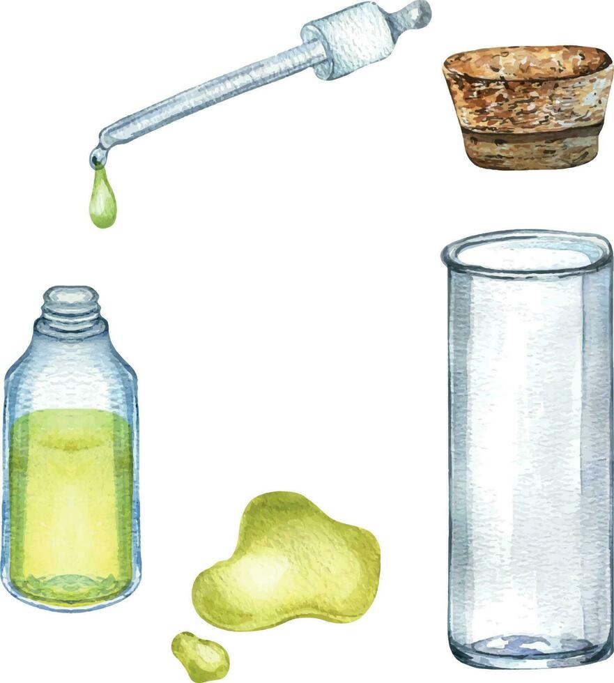 Glas Flasche mit Kork, Öl fallen und Stelle Aquarell Illustration isoliert auf Weiß. transparent Flasche, Labor Becherglas, Tube zum wesentlich Öle Hand gezeichnet. Design Element zum Etikett, Paket, Verpackung vektor