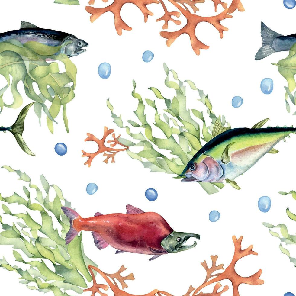 verschiedene wild Meer Fisch nahtlos Muster Aquarell Illustration isoliert auf Weiß. Algen, Thunfisch, Lachs, coho, Meer Pflanzen Hand gezeichnet. Design Element zum Textil, Verpackung, Papier, Verpackung, Banner vektor