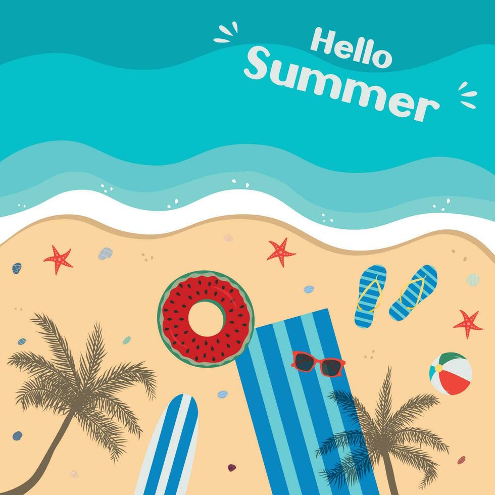 Strand Illustration zum Banner, Karten, Flyer, Sozial Medien, usw. Sommer- Vektor Hintergrund