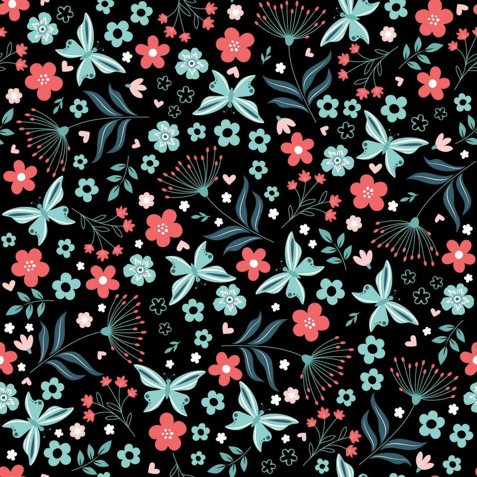 Frühling nahtlos Muster auf multi farbig Blumen Hintergrund. Blumen, Blätter, Zweige und Schmetterling vektor