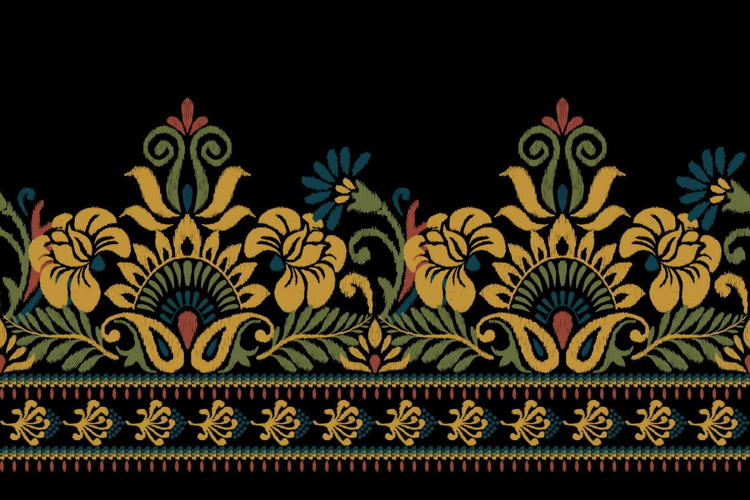 Ikat Blumen- Paisley Stickerei auf schwarz hintergrund.ikat ethnisch orientalisch Muster traditionell.aztekisch Stil abstrakt Vektor illustration.design zum Textur, Stoff, Kleidung, Verpackung, Dekoration, Sarong, Schal