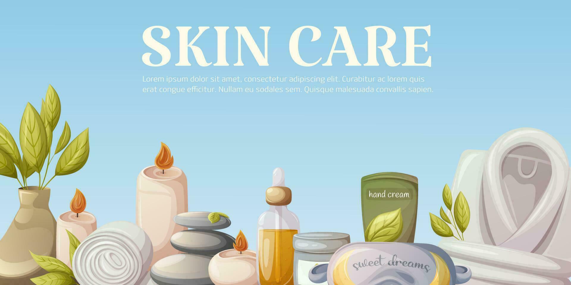 Artikel und Zubehör zum Gesicht und Körper Haut Pflege, Entspannung. Verbrennung Kerzen, Spa Steine, Öl Serum, Auge Maske zum Schlafen, Creme, Handtuch, Bademantel. Banner mit Raum zum Text. Vektor Illustration