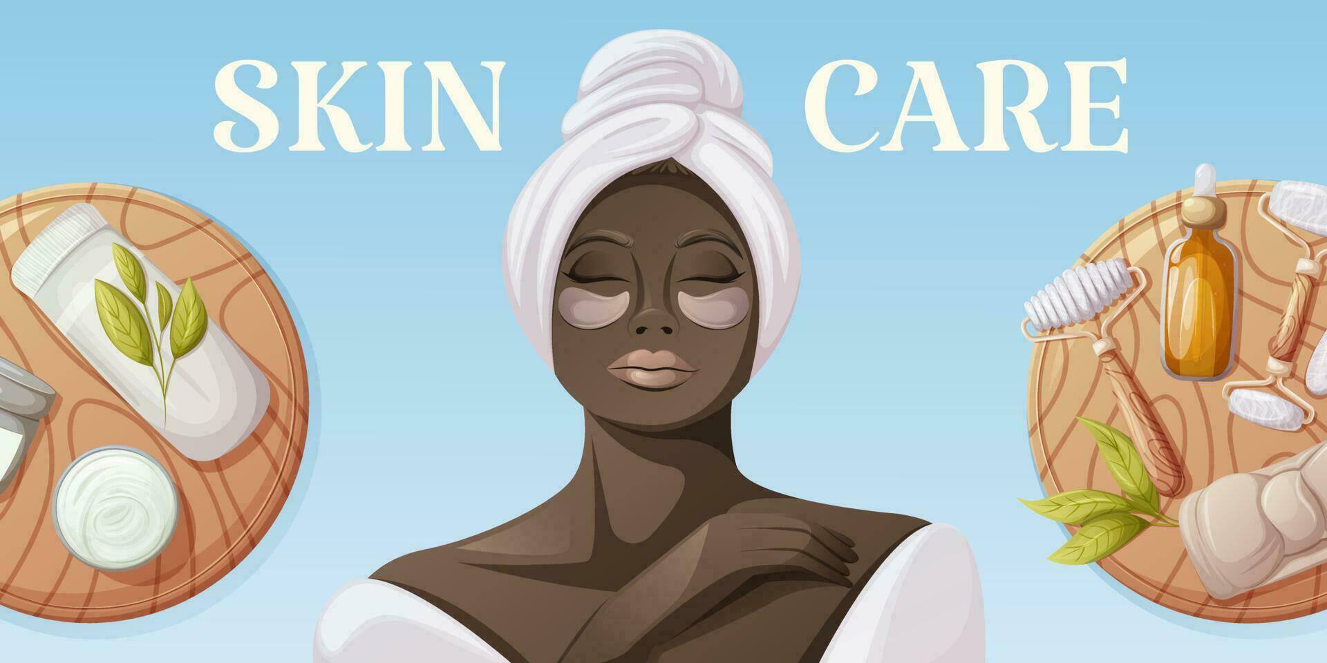 Haut Pflege Banner. afrikanisch amerikanisch Frau im ein Weiß Bademantel und Handtuch. Auge Flecken. runden hölzern Stand mit gua sha Werkzeug, Stirnband, Öl Serum und Creme. Konzept von Selbstpflege. Vektor Illustration