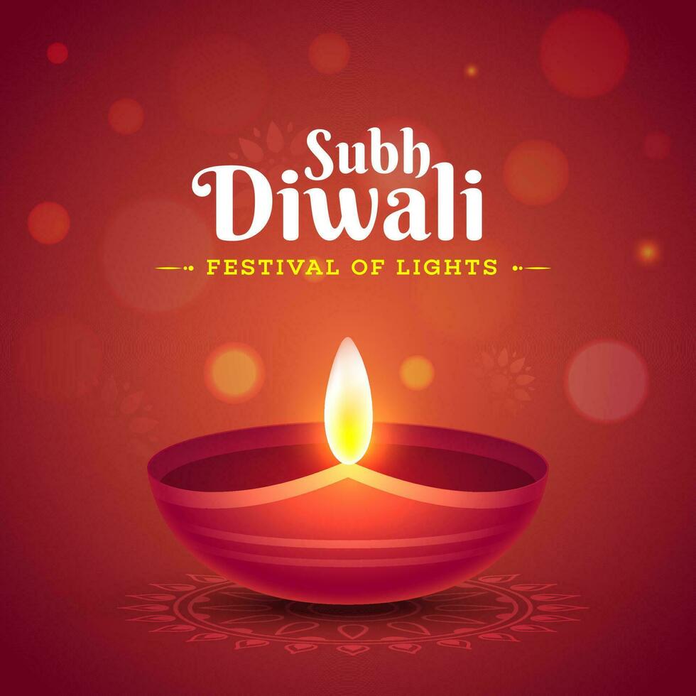 subh Diwali Feier Poster oder Gruß Karte Design mit beleuchtet Öl Lampe auf rot Bokeh Hintergrund. vektor