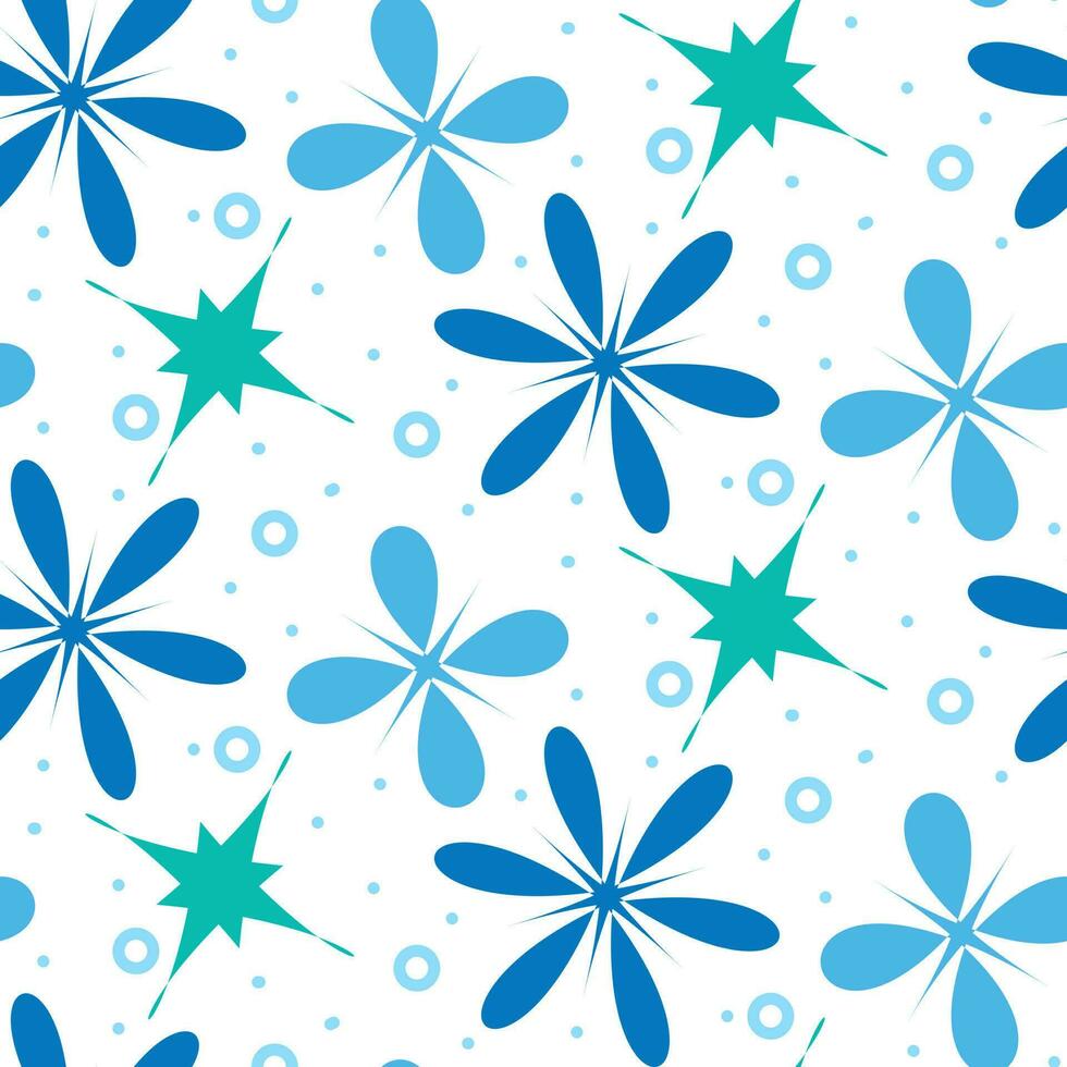 einfach Blumen- Muster von symmetrisch Elemente. Vektor nahtlos Textur mit symmetrisch Farben oder gerundet Schneeflocken bunt Retro-Stil Ornament mit Blau groß und klein Blumen auf Weiß Hintergrund