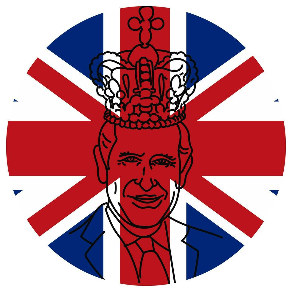 Porträt von Prinz Charles König von England, im Profil Krönung von König Charles iii auf kann 6 2023 Platz Banner mit ein linear Porträt von das König auf das Hintergrund von das britisch Flagge Vektor Banner