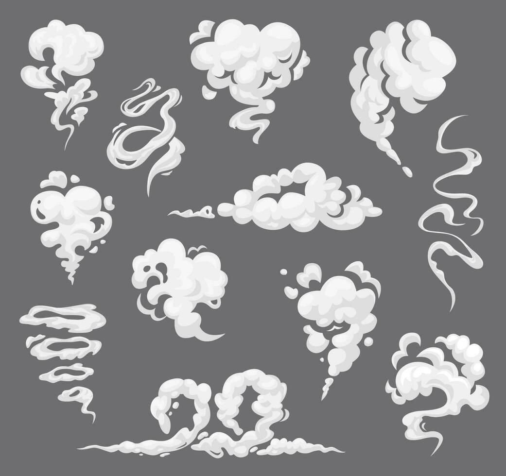 tecknad serie moln, ångande rök flöden, ånga vektor