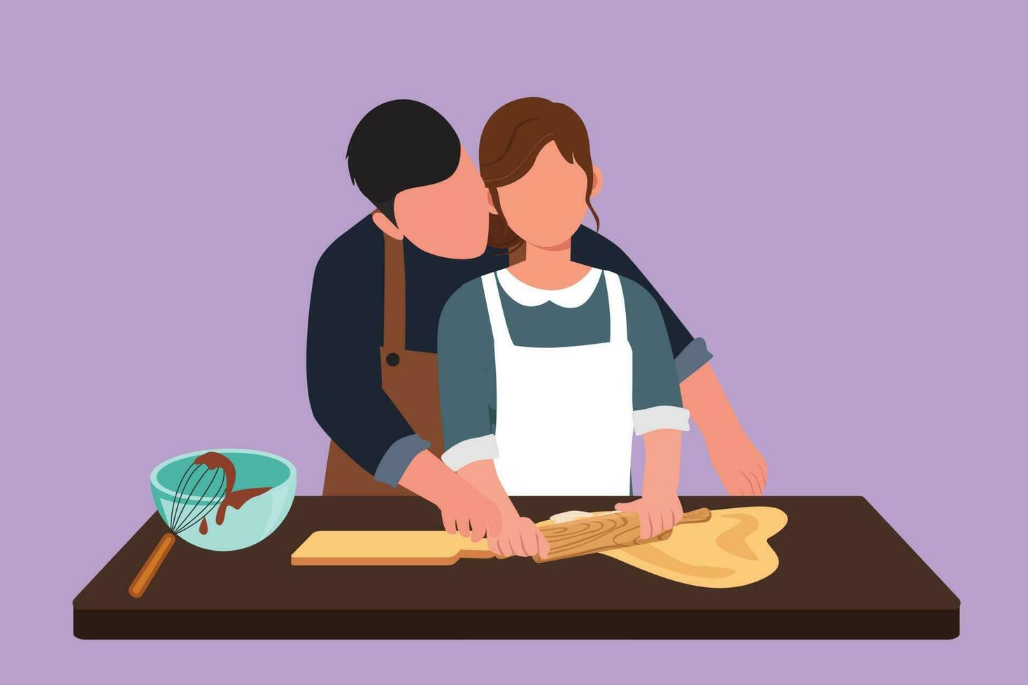 Karikatur eben Stil Zeichnung romantisch Paar suchen beim jeder andere während rollen Sanft Teig während Gebäck Vorbereitung im gemütlich Küche beim heim. Familie Kochen zusammen. Grafik Design Vektor Illustration