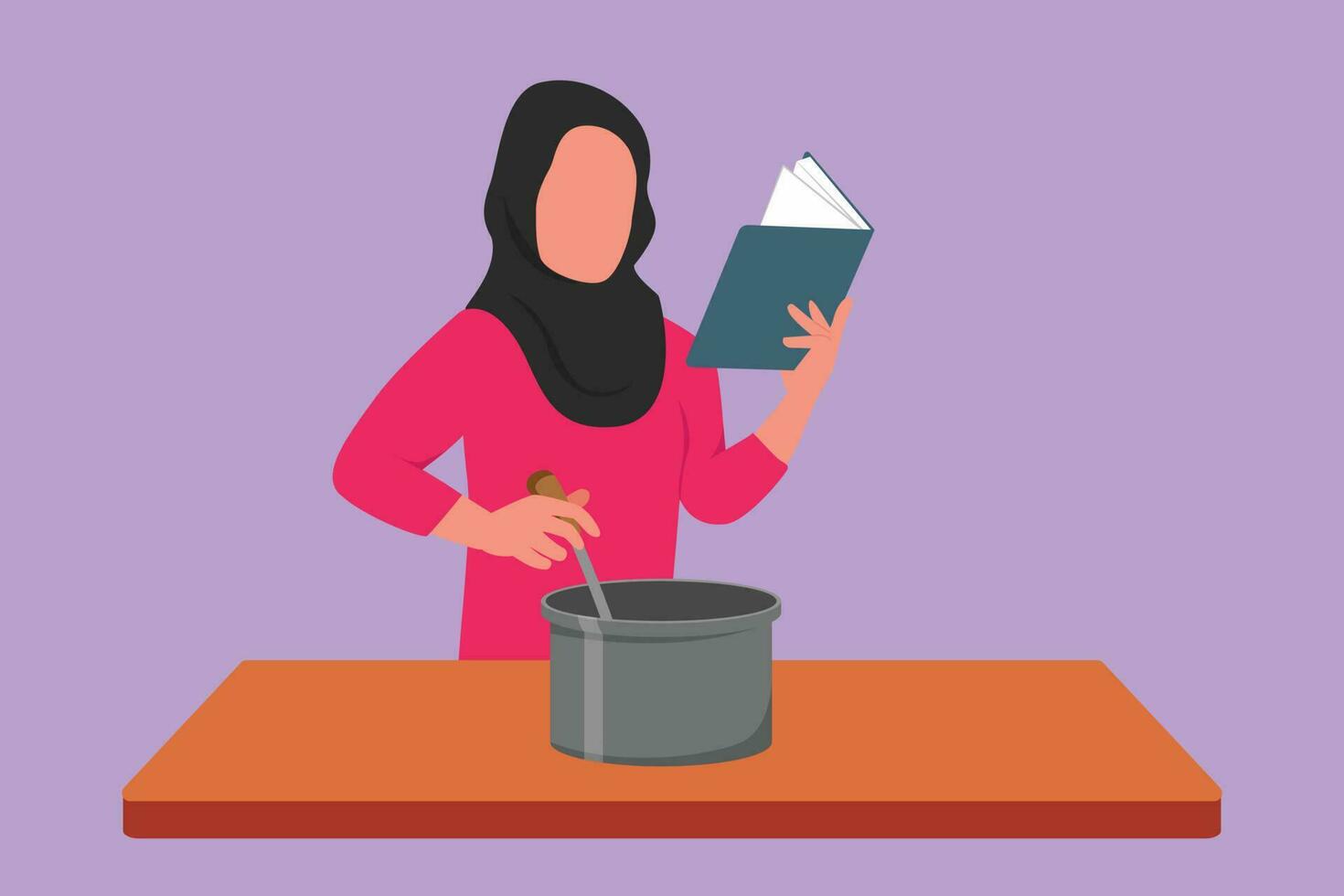 Grafik eben Design Zeichnung arabisch Frau Kochen während lesen Rezept Buch sie ist halten. gesund Essen Lebensstil Konzept. glücklich Ehefrau Kochen beim heim. bereit Lebensmittel. Karikatur Stil Vektor Illustration