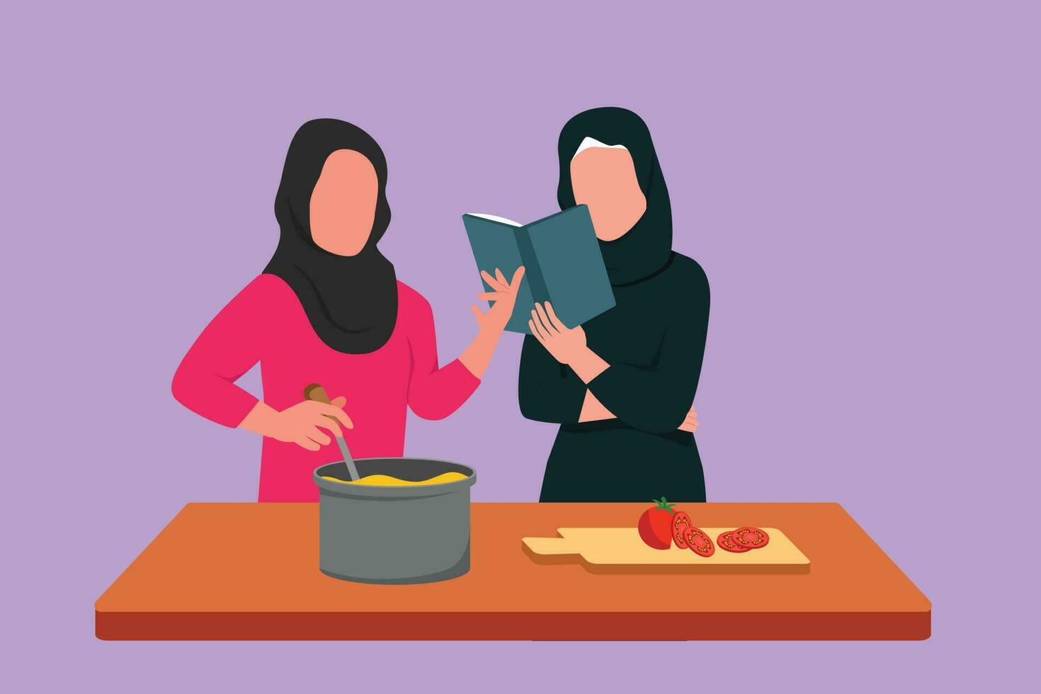 Karikatur eben Stil Zeichnung zwei arabisch Frau Kochen während lesen Buch sie ist halten. gesund Essen Lebensstil Konzept. freunde Kochen Mahlzeit zum Abendessen. bereiten Lebensmittel. Grafik Design Vektor Illustration