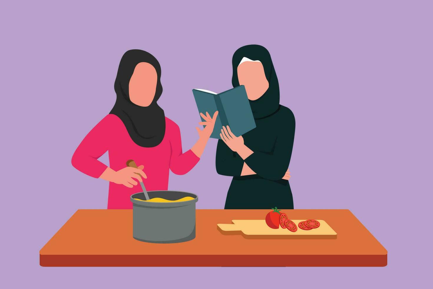 tecknad serie platt stil teckning två arab kvinna matlagning medan läsning bok hon är innehav. friska mat livsstil begrepp. vänner matlagning måltid för middag. förbereda mat. grafisk design vektor illustration