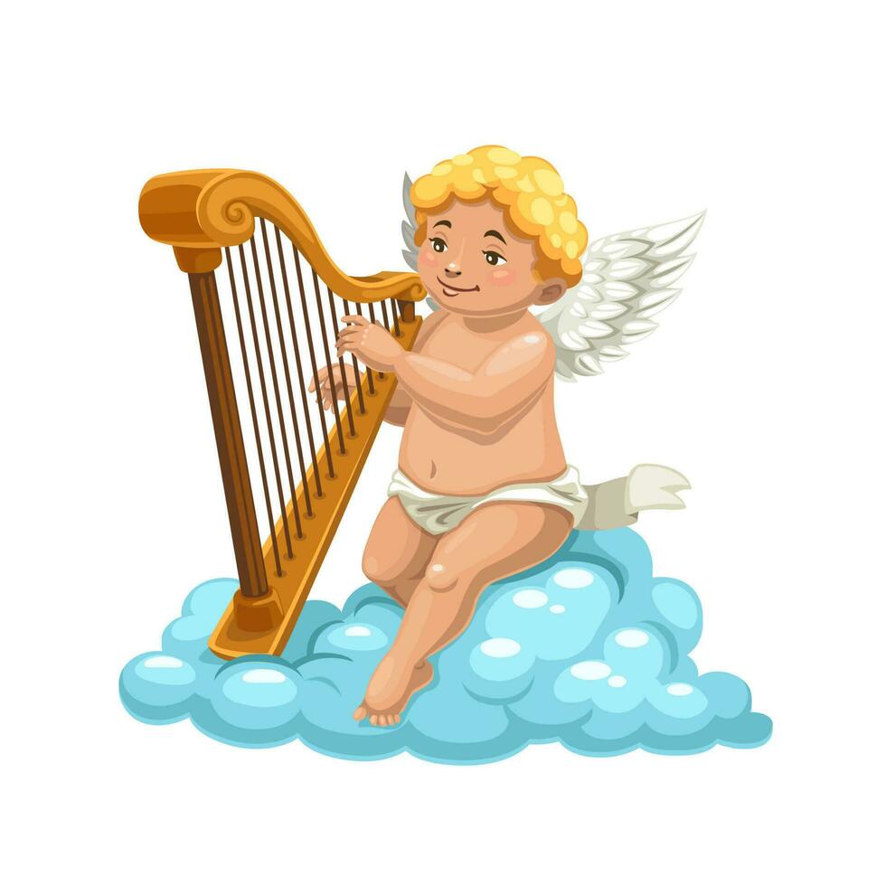 Karikatur Amor Engel spielen Harfe auf Wolke vektor