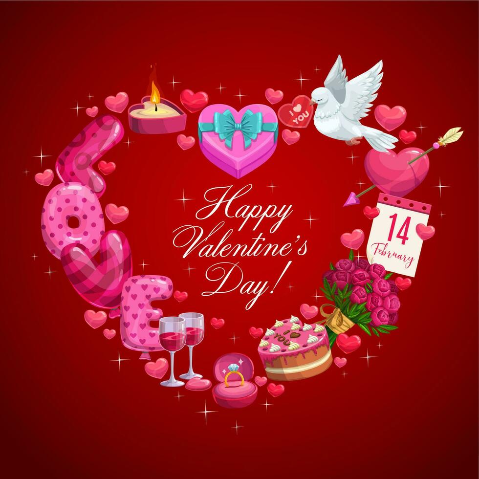 Valentinsgrüße Tag Herz mit Geschenke, Ring, Blumen vektor