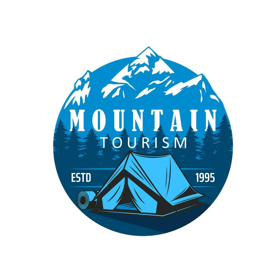 berg turism ikon, camping tält och matta vektor