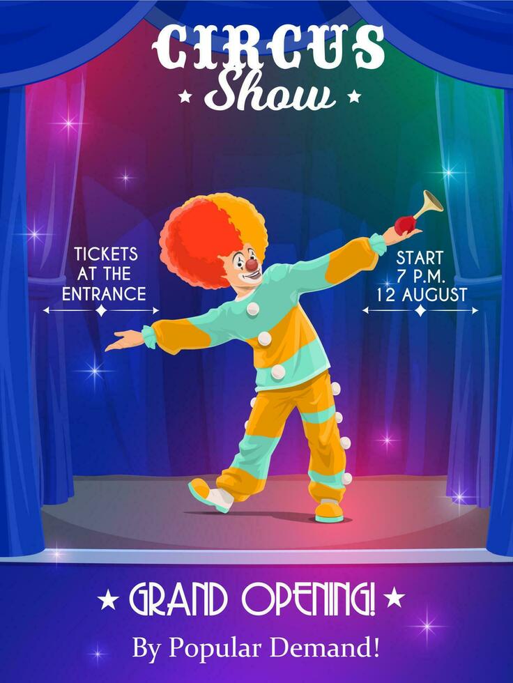 shapito cirkus affisch med tecknad serie clown på skede vektor