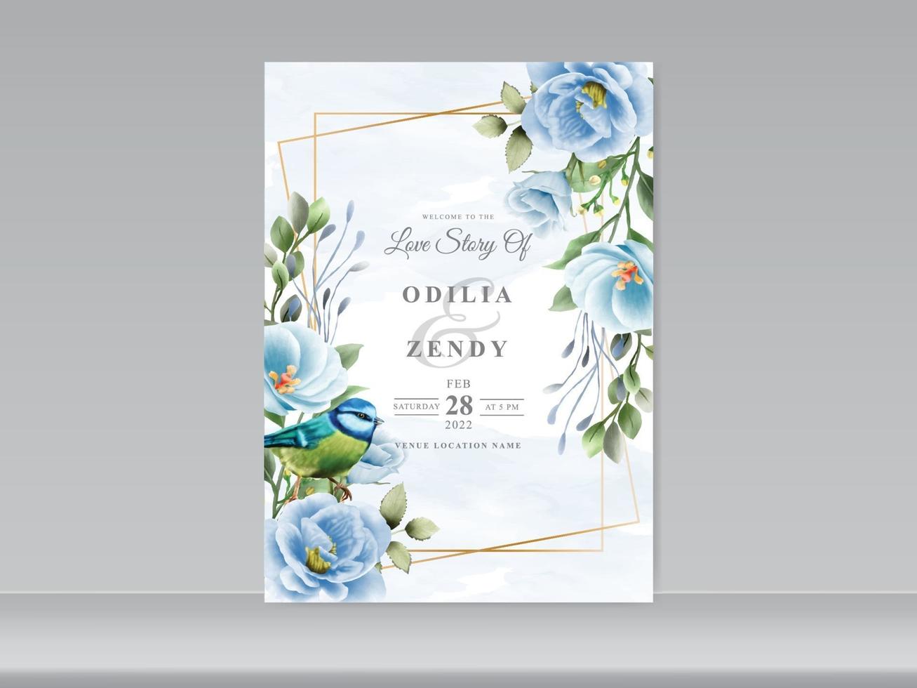 Hochzeitskartenset blau Blumen und Vogel vektor
