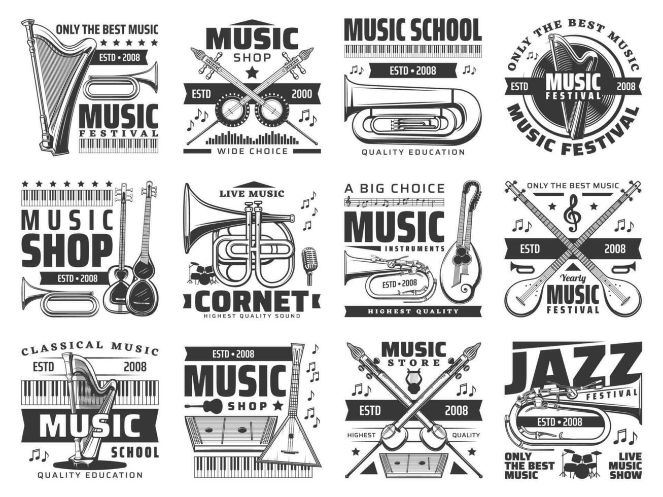 Musik- Geschäft, Festival und Schule retro Vektor Symbole