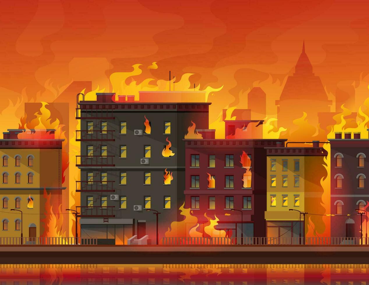Stadt im Feuer, Krieg oder natürlich Katastrophe Hintergrund vektor