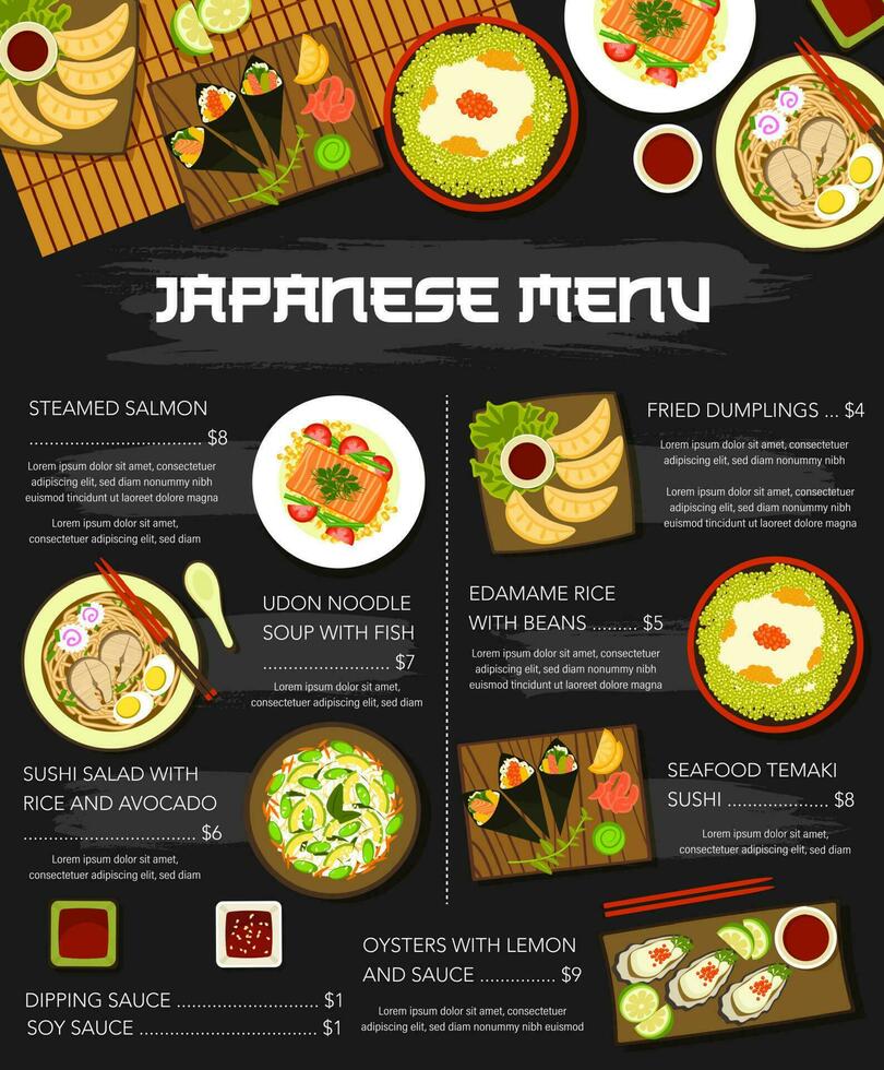 japansk kök maträtt meny affisch, japan mat måltid vektor