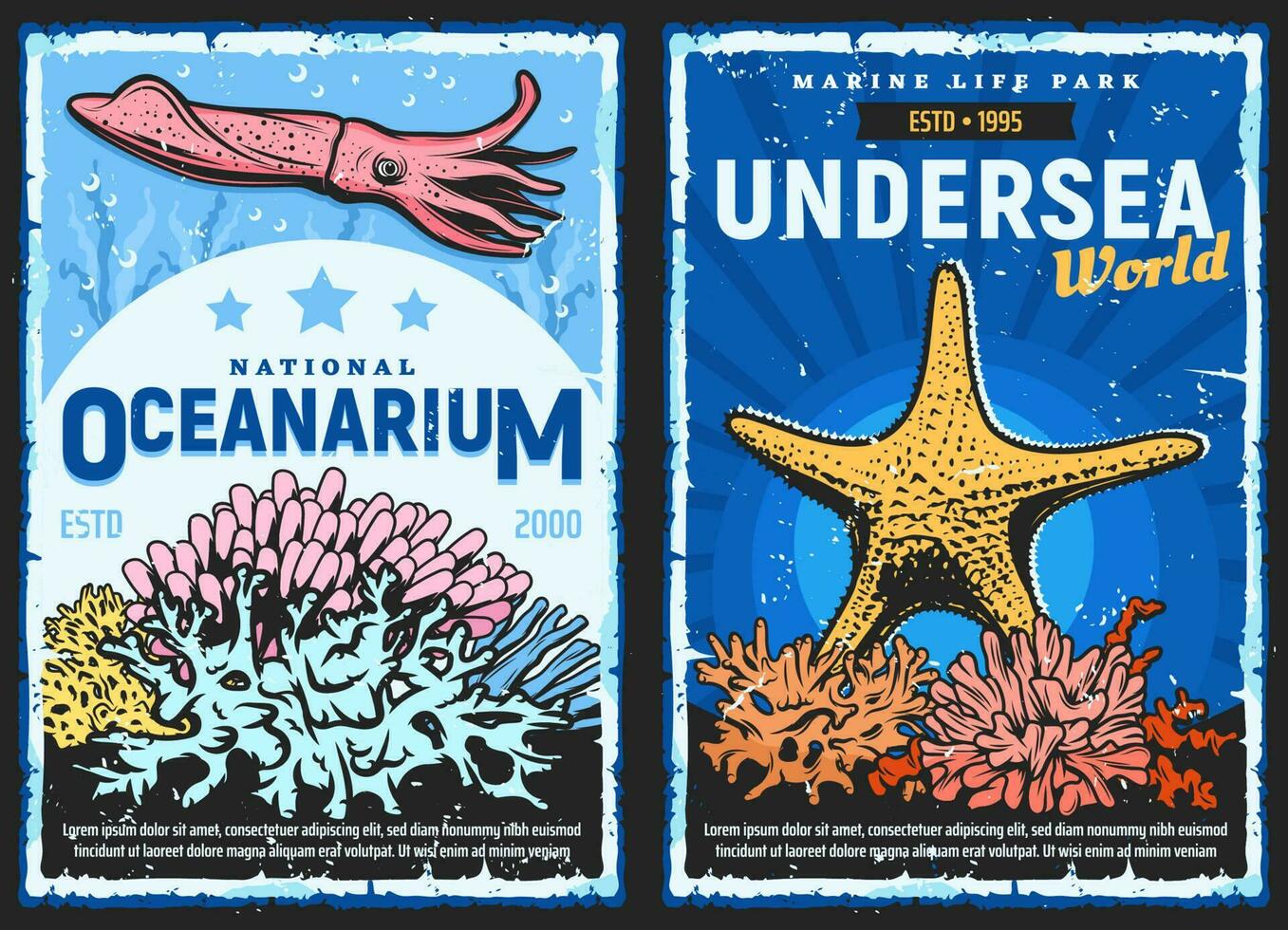 exotisch Meer Fische und Ozeanarium retro Plakate vektor