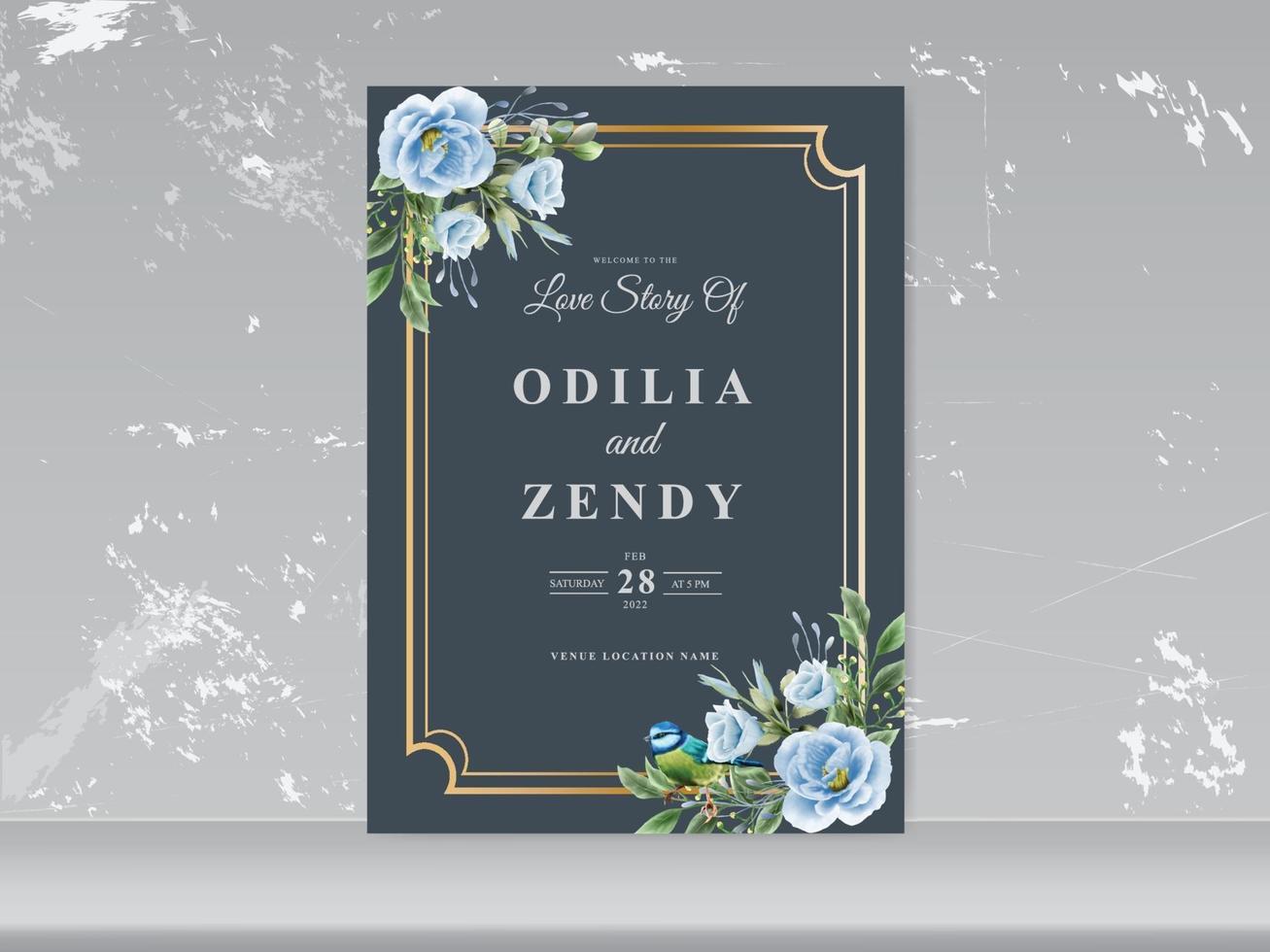 bröllopskortset blå blommor och fågel vektor