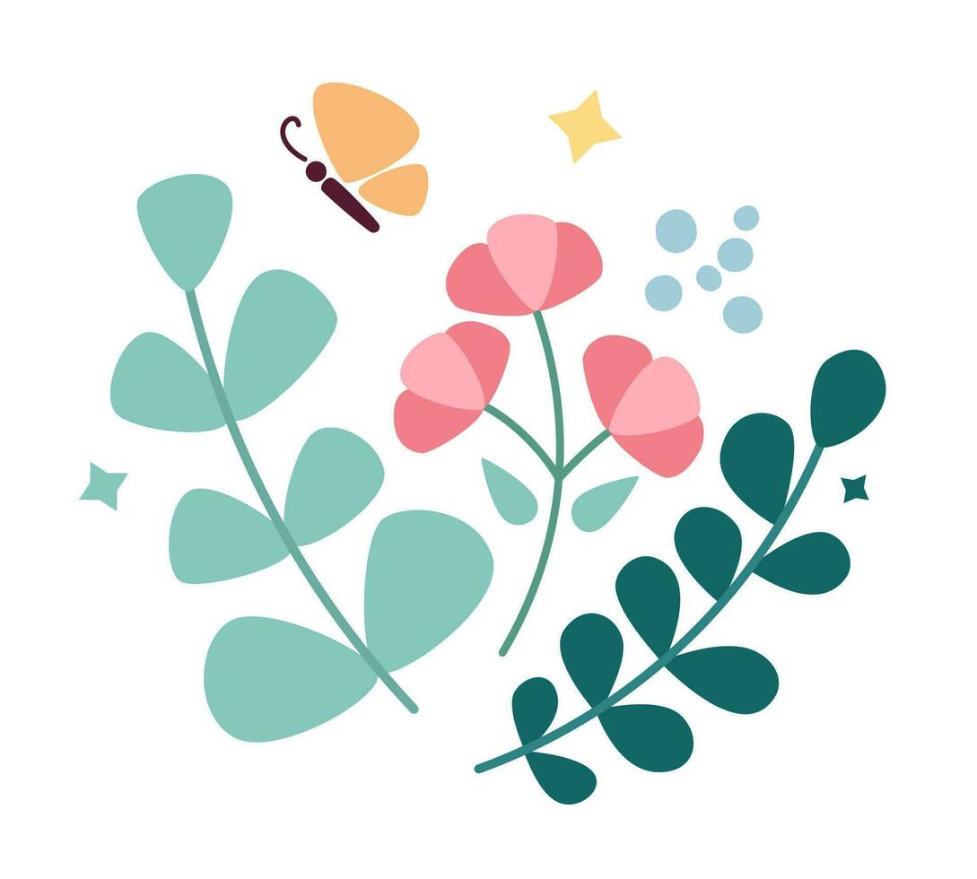 Gelassenheit Natur halb eben Farbe Vektor Clip Kunst Element. Grün mit fliegend Schmetterling. Blühen Frühling Blumen. editierbar Symbol auf Weiß. einfach Karikatur Stil Stelle Illustration zum Netz Grafik Design