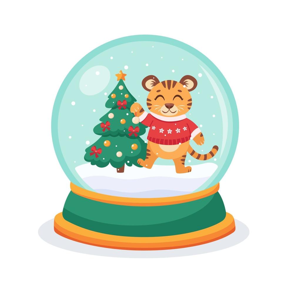 Weihnachtsschneekugel mit einem Tiger und einer Tanne im Inneren. Schneekugelkugel. Vektorillustration. vektor